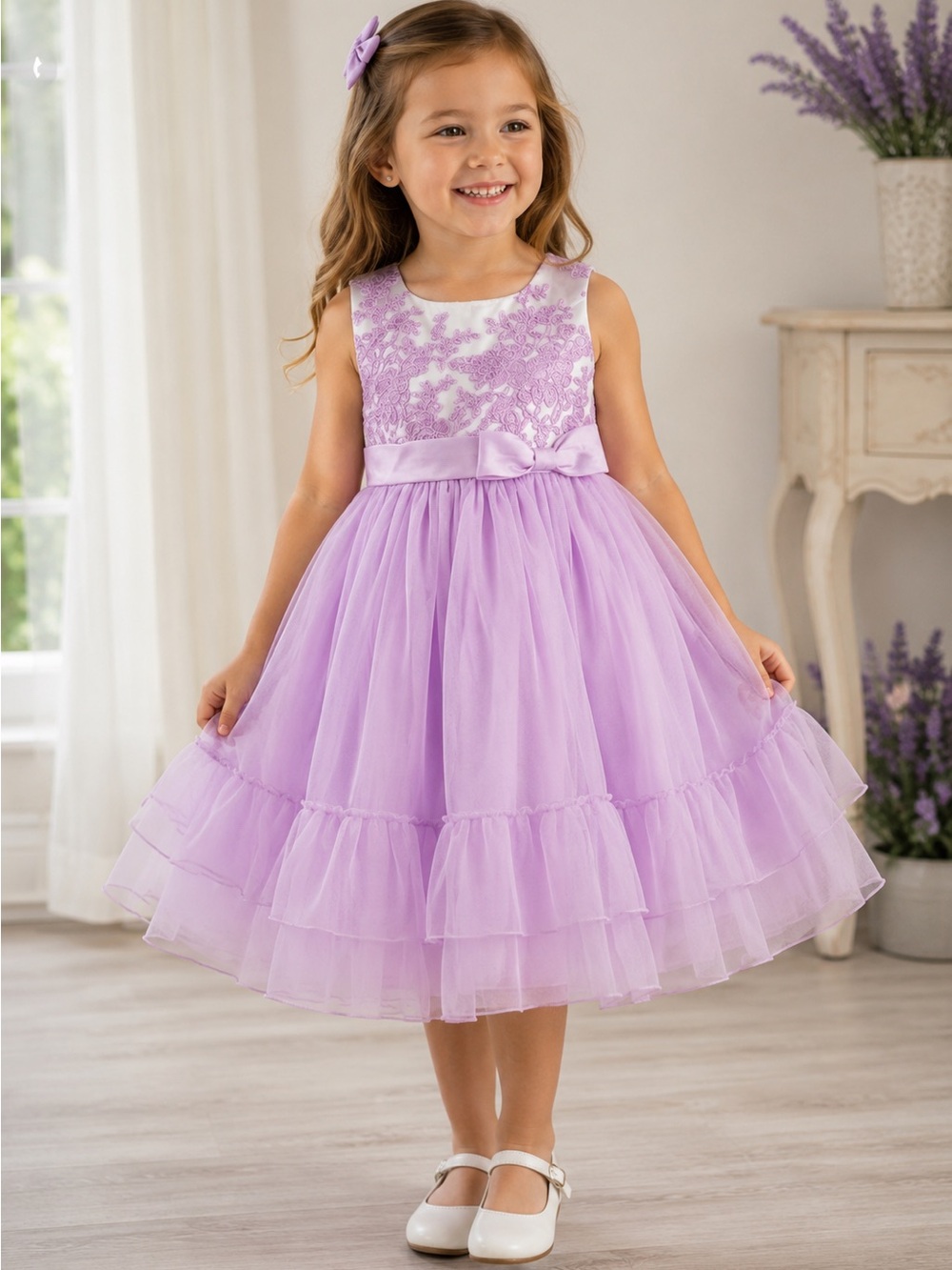 Jona Michelle Lavender and White Embroidered Tulle Flower Girl Dress
